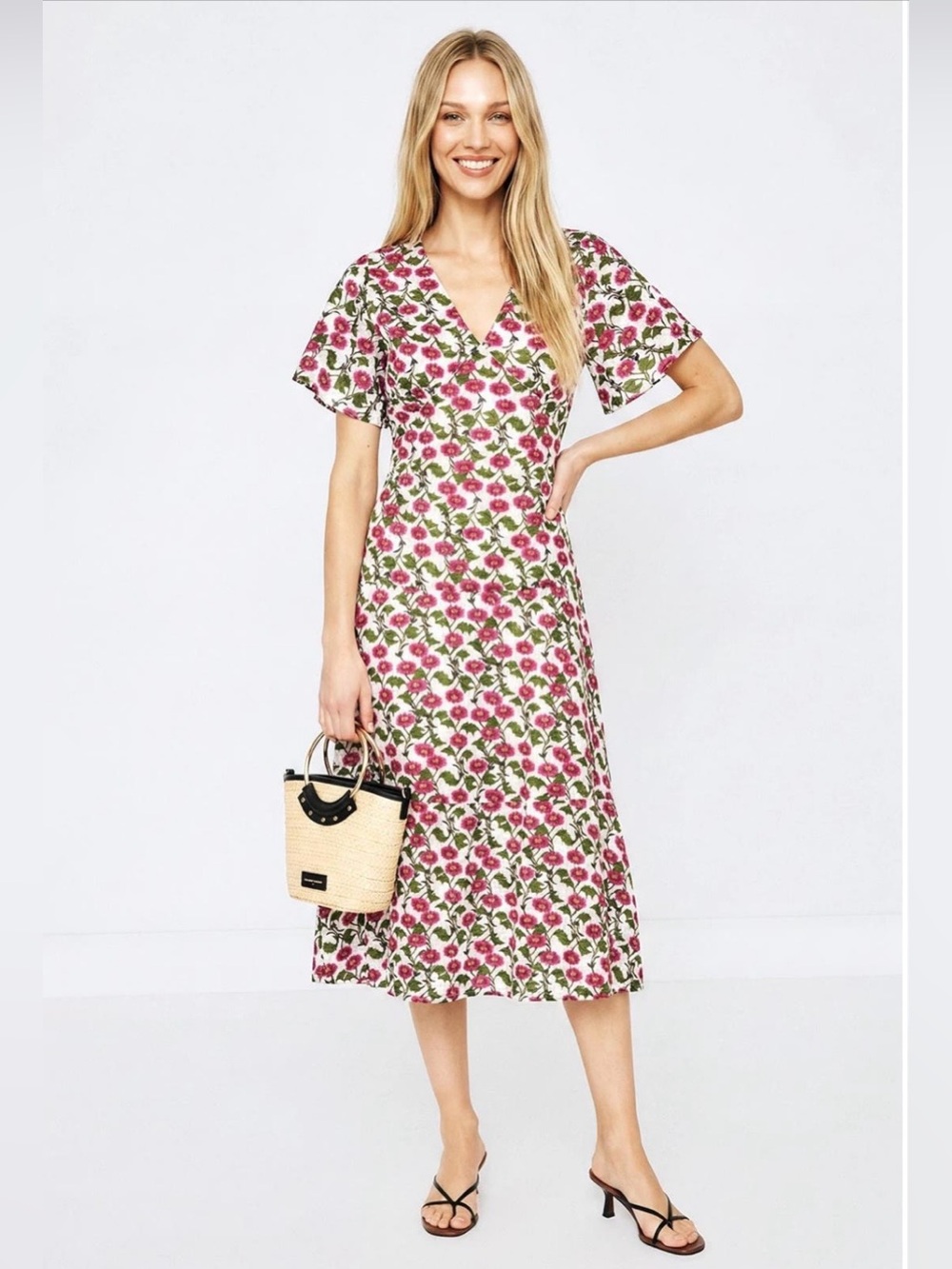 Roller Rabbit~Pink & Green Issa Floral V-Neck Midi Dress~Size Small~$188~